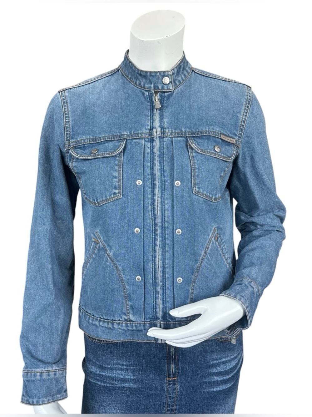 Y2K Calvin Klein Moto Biker Cyber Style Slim Fit Medium Wash Denim Jacket Small
